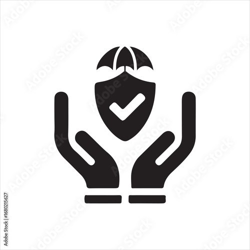 Hands Protecting Shield with Umbrella and Check Mark Icon protection security