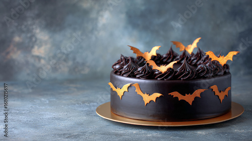A Halloween chocolate cake with textured black frosting, dark chocolate rosettes, and shimmering gold bat decorations on a blue-gray background