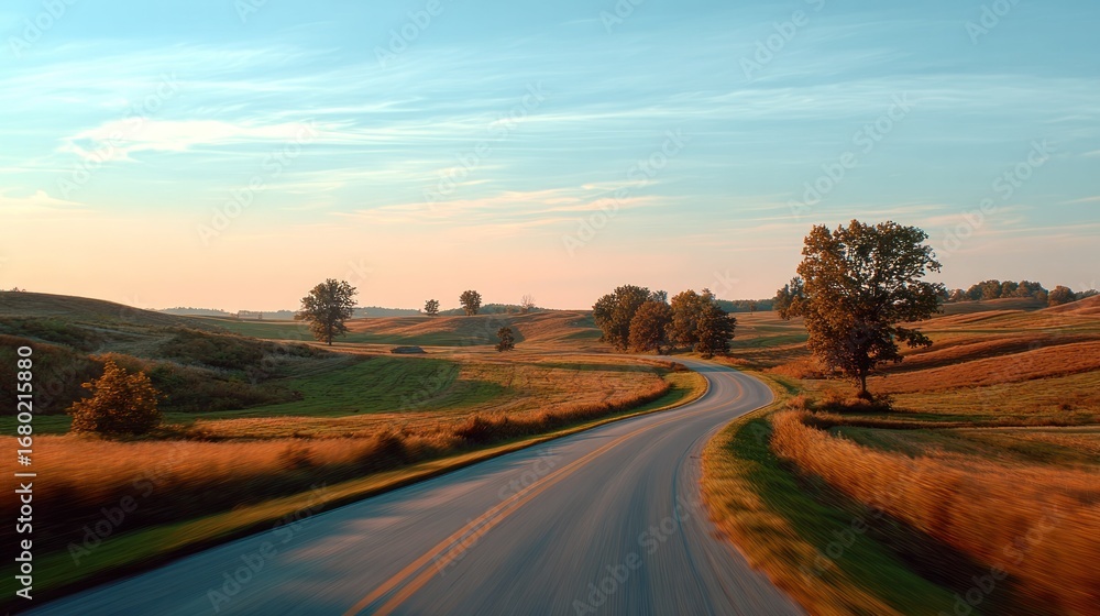 Obraz premium An open road winds its way through a picturesque rural landscape at sunset