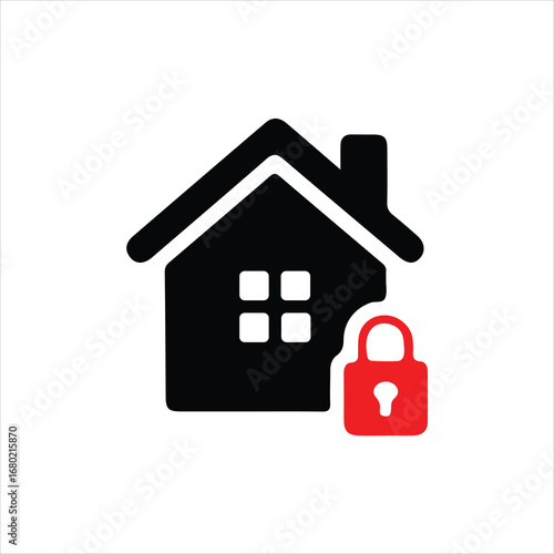 House Icon with Red Padlock Symbolizing Security and Lock Down home building