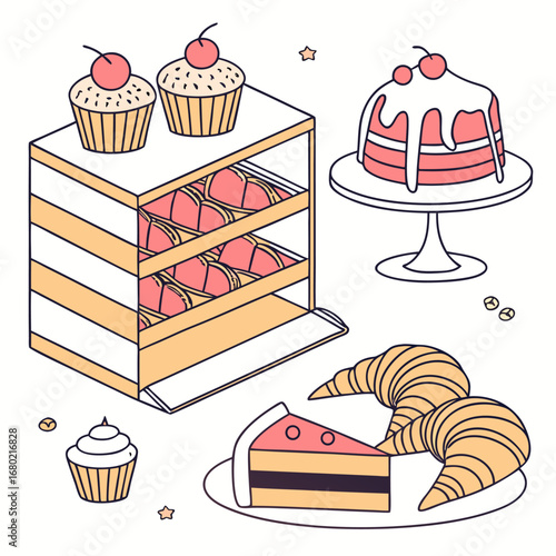 Illustration of a bakery display case with pastries, cakes, croissants, and cupcakes on a white background
