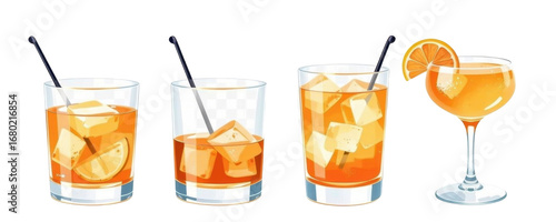 Four colorful cocktails with ice cubes and orange garnishes in different glassware on a white background, refreshing cold beverages for summer or celebration