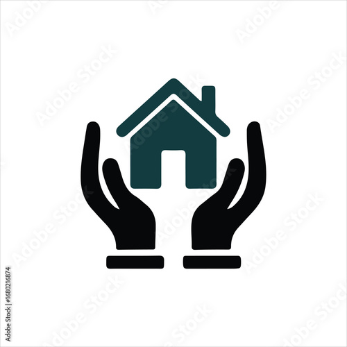 Two black hands cupping a teal house symbol, signifying care and protection home holding