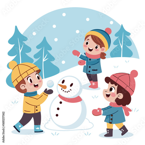 Three children building a snowman in a snowy landscape with pine trees and falling snow in wintertime fun