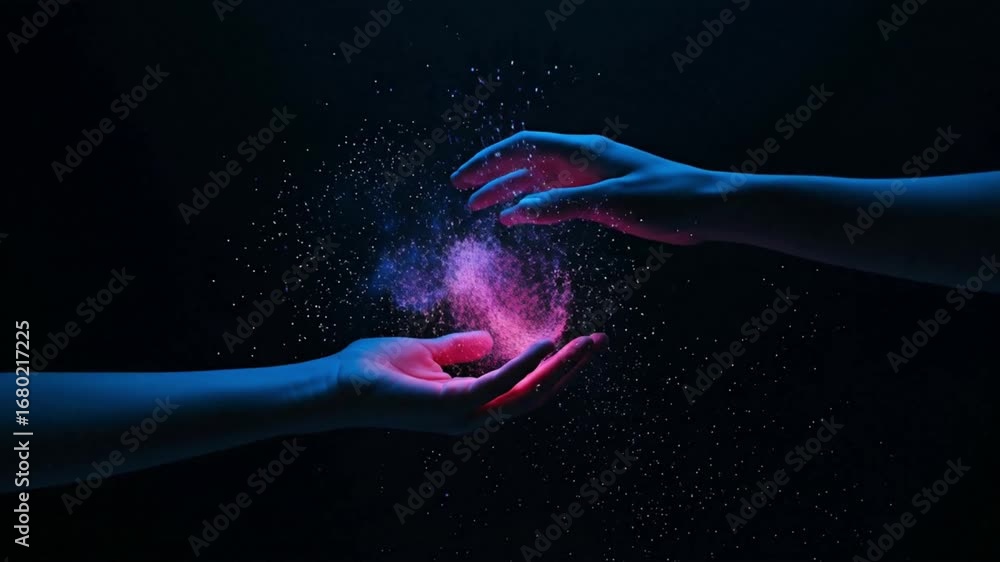 Two hands interact with a cloud of pink and blue particles against a dark background conveying a sense of magic