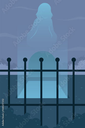 Ethereal blue spirit hovering above a grave behind iron fence bars in a foggy cemetery night scene, minimal flat illustration.