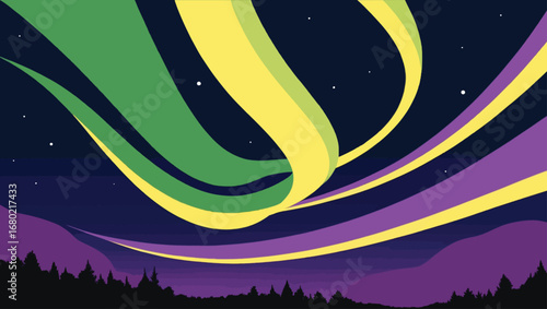 Vibrant aurora borealis lights dancing across a starry night sky over a silhouetted landscape