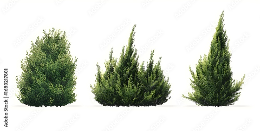 Fototapeta premium Three Green Shrubs Isolated on White Background
