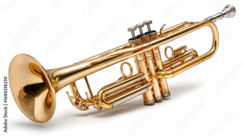 Obraz premium A close-up shot of a shiny golden trumpet, isolated. This gleaming brass instrument exudes musical elegance