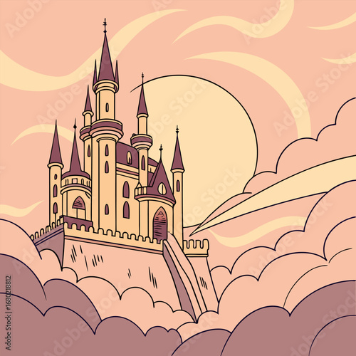 Illustration of a fairytale castle with towers and spires situated amidst clouds and a large sun in the sky