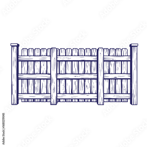 Hand drawn illustration of a wooden picket fence isolated on a white background