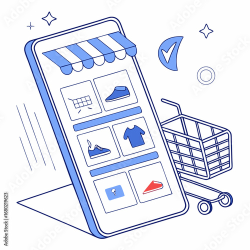 Illustration of a smartphone displaying an online store with shopping cart and various product icons