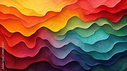 A playful and cheerful design with a full color palette. Textured paper art with wavy, overlapping rainbow stripes.