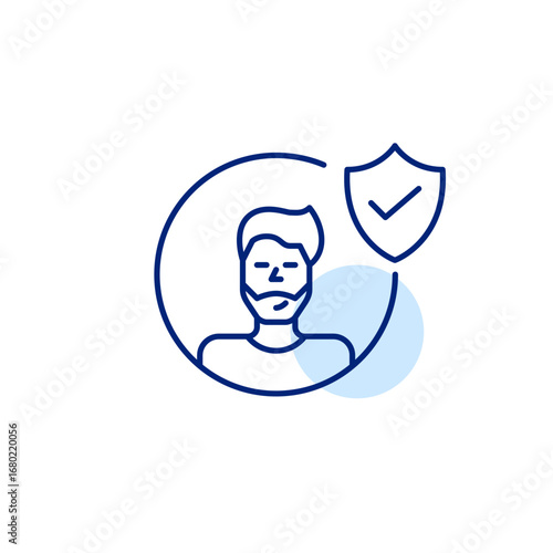 Certified membership, safe data access, authenticated profile. Male user avatar, shield and checkmark. Pixel perfect, editable stroke vector icon