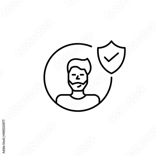 Certified membership, safe data access, authenticated profile. Male user avatar, shield and checkmark. Pixel perfect, editable stroke vector icon