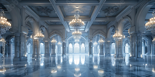 Vast opulent hall with ornate arches and glittering chandeliers reflecting on polished marble floor grandeur