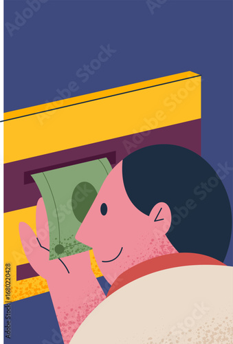 Flat illustration of a man withdrawing banknotes from an ATM, modern finance and banking concept.