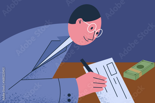 Businessman filling out a financial form at a desk with a cash stack, contract and loan application concept.