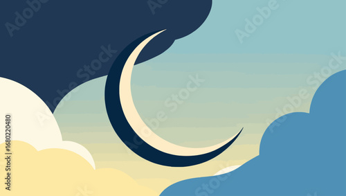 Stylized crescent moon in abstract cloudy sky at twilight vector illustration