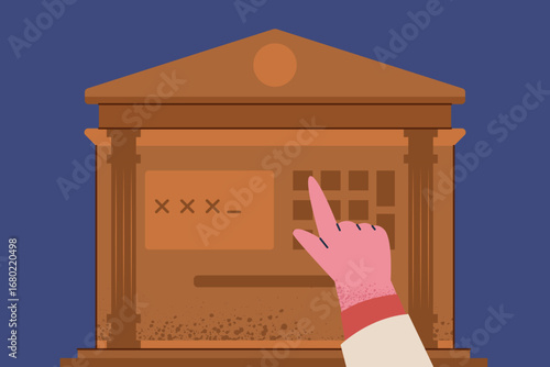 Hand entering a PIN on a bank terminal interface, secure access and authentication concept.