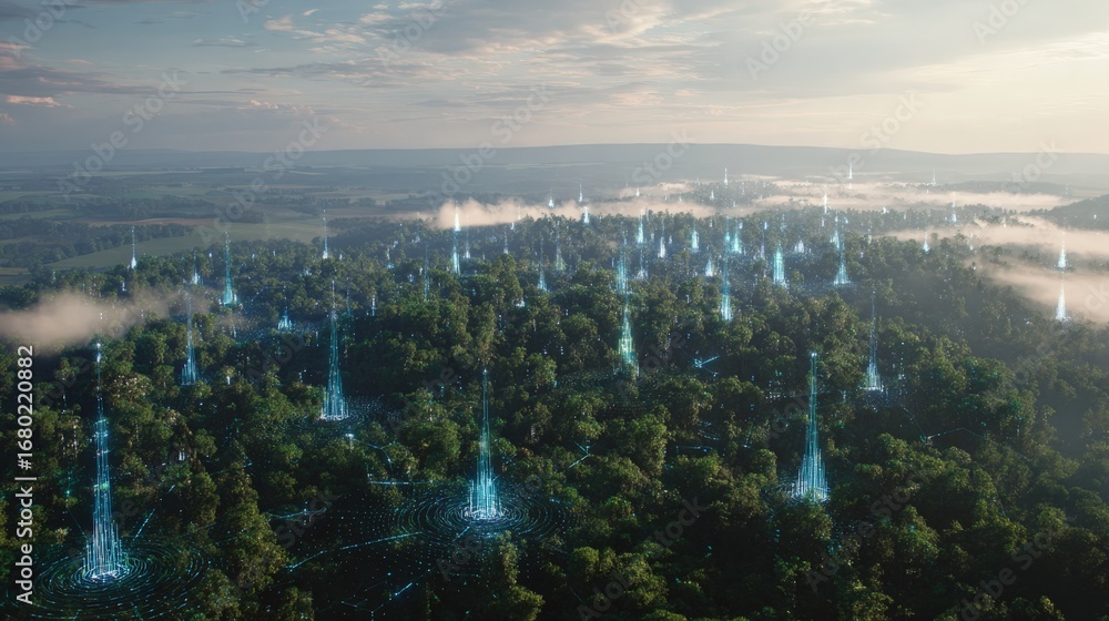 Obraz premium Forest Technology Marvel: An aerial view reveals a sprawling forest, its canopy dotted with futuristic, illuminated structures, showcasing the seamless blend of technology and nature. Generative Ai