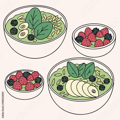 Illustration of four bowls filled with smoothies and various toppings, including fruits and spinach