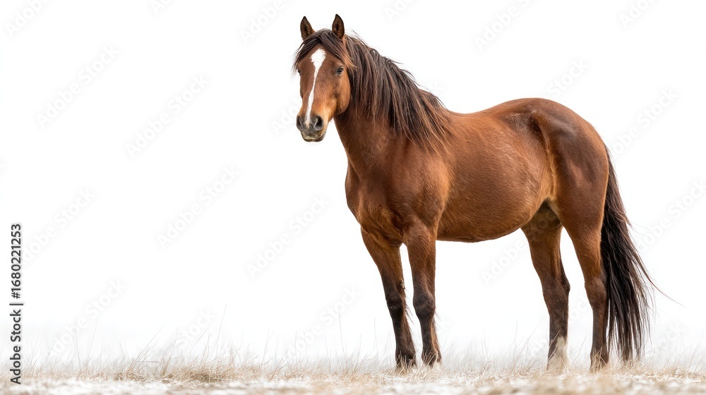Fototapeta premium A majestic horse standing gracefully, a symbol of strength and freedom. The horse has a stunning brown coat and dark mane, showcasing its beauty in a bright setting. 