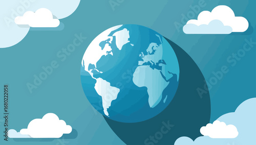 Stylized vector illustration of planet earth floating among fluffy clouds in a blue sky