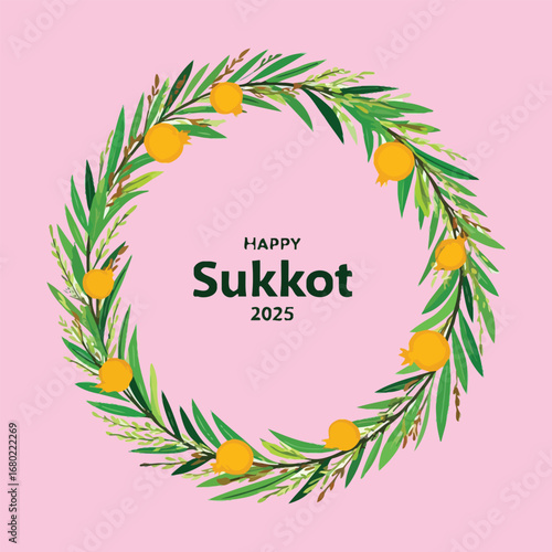 Green foliage wreath with yellow fruit vector