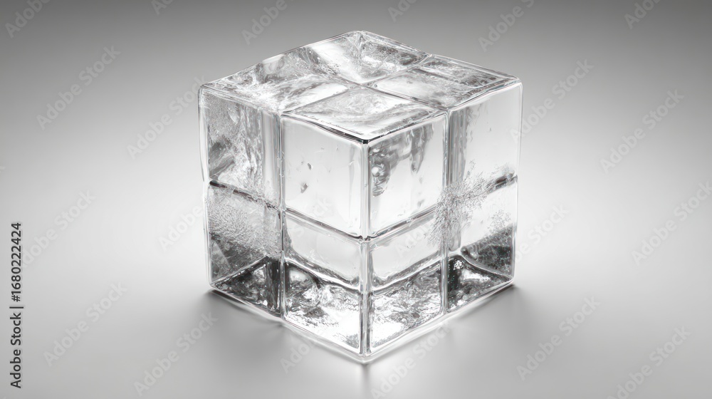 Fototapeta premium Cubed clear ice block reflects light in a studio