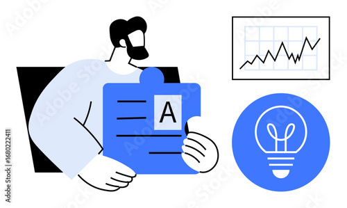 Man holding puzzle with letter A, chart showing growth trends, and two innovation symbols. Ideal for teamwork, creativity, data analysis, education, problem-solving, business growth simple landing