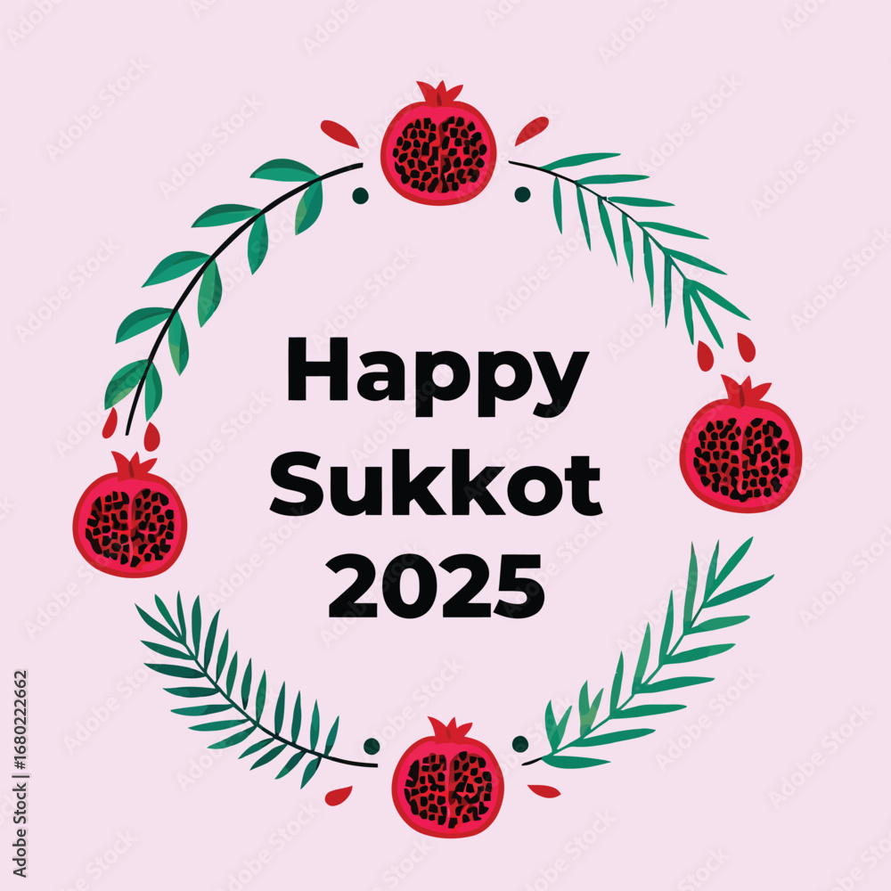 Fototapeta premium Happy Sukkot Pomegranates Leaves holiday greeting