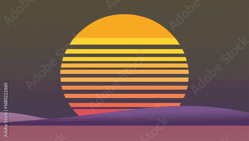 Retro sunset over abstract landscape with striped orb vector illustration eps scalable