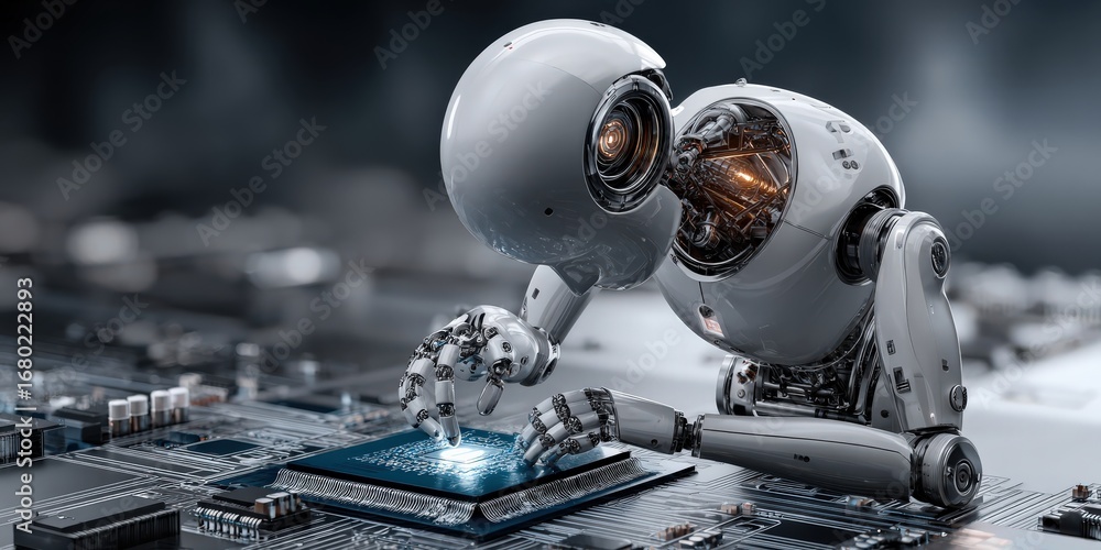 Fototapeta premium Robotic Assembly: Two futuristic robots working together, meticulously assembling a complex microchip, epitomizing technological advancement and precision. Generative Ai