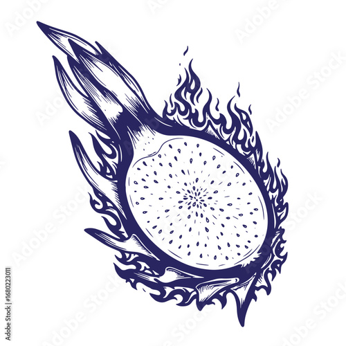 Intricate engraved illustration of a dragon fruit cut in half embellished by flame elements