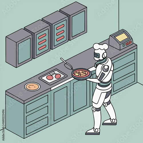 Illustration of a robot chef wearing a chef hat cooking in a kitchen with cabinets and kitchen appliances