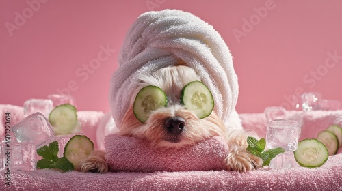A pampered dog at the spa, enjoying cucumber slices on its eyes and a towel on its head