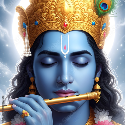 A serene portrait of the divine Hindu deity Lord Krishna playing his golden flute under the celestial light of a full moon
