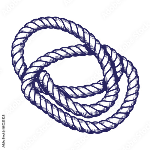 Intricately detailed nautical rope coiled into loops isolated on white background