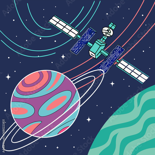 Illustration of a satellite orbiting a ringed planet with stars and cosmic lines in a dark blue space