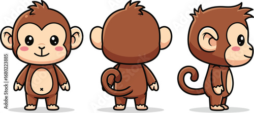 Cute Cartoon Monkey Character Turnaround Front Back Side Views Vector illustration