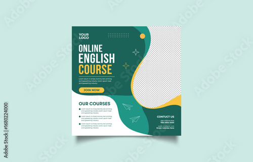Promotional Social Media Post Template for Online English Courses with Modern Design and Call to Action
