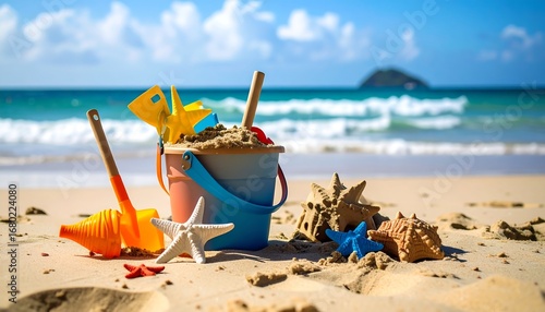 Colorful beach toys on sandy shore (1)