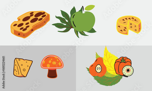 Stylized food illustrations in minimalist outline format, showcasing diverse ingredients from fruits to proteins