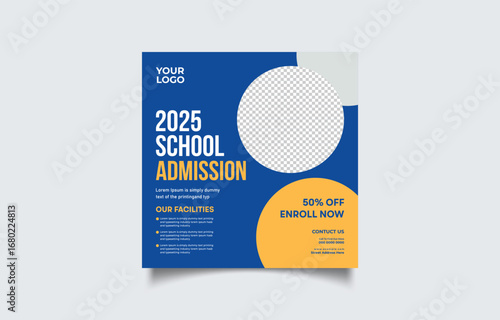 School Admission Announcement for 2025 Featuring 50 Percent Off Enrollment and Modern Design Elements Ideal for Social Media Marketing