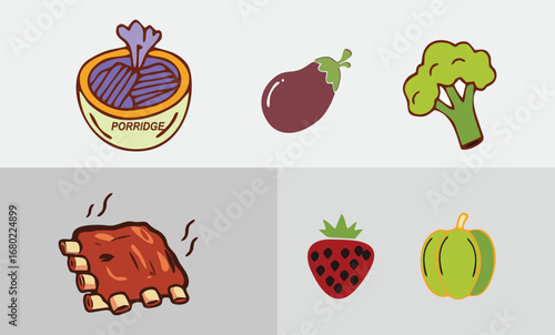 Stylized food illustrations in minimalist outline format, showcasing diverse ingredients from fruits to proteins