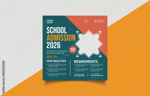 School Admission Announcement for 2026 Informational Graphic Design with Enrollment Details and Facilities Information Template for Social Media Marketing