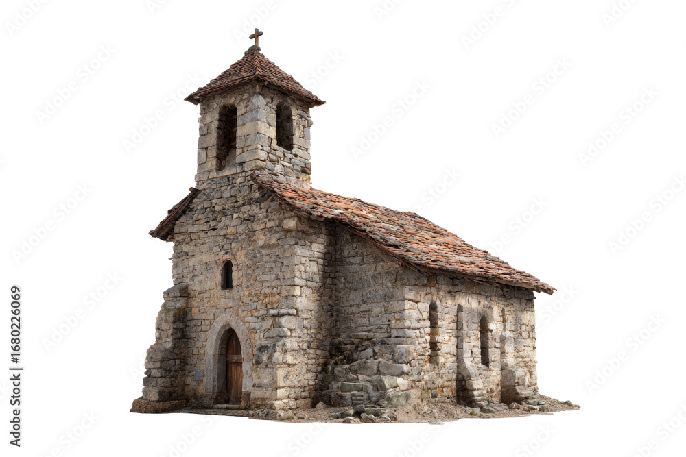 Fototapeta premium Rustic Stone Chapel with Bell Tower on Transparent Background