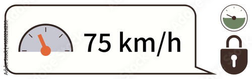Speedometer with 75 kmh reading, attached lock icons symbolizing secure speed limits. Ideal for technology, security, transportation, safety, speed monitoring, regulations, simple flat metaphor
