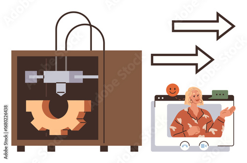 3D printer fabricating object and a virtual screen showing an enthusiastic individual interacting. Ideal for innovation, tech, collaboration, remote learning, creativity, teamwork, simple flat